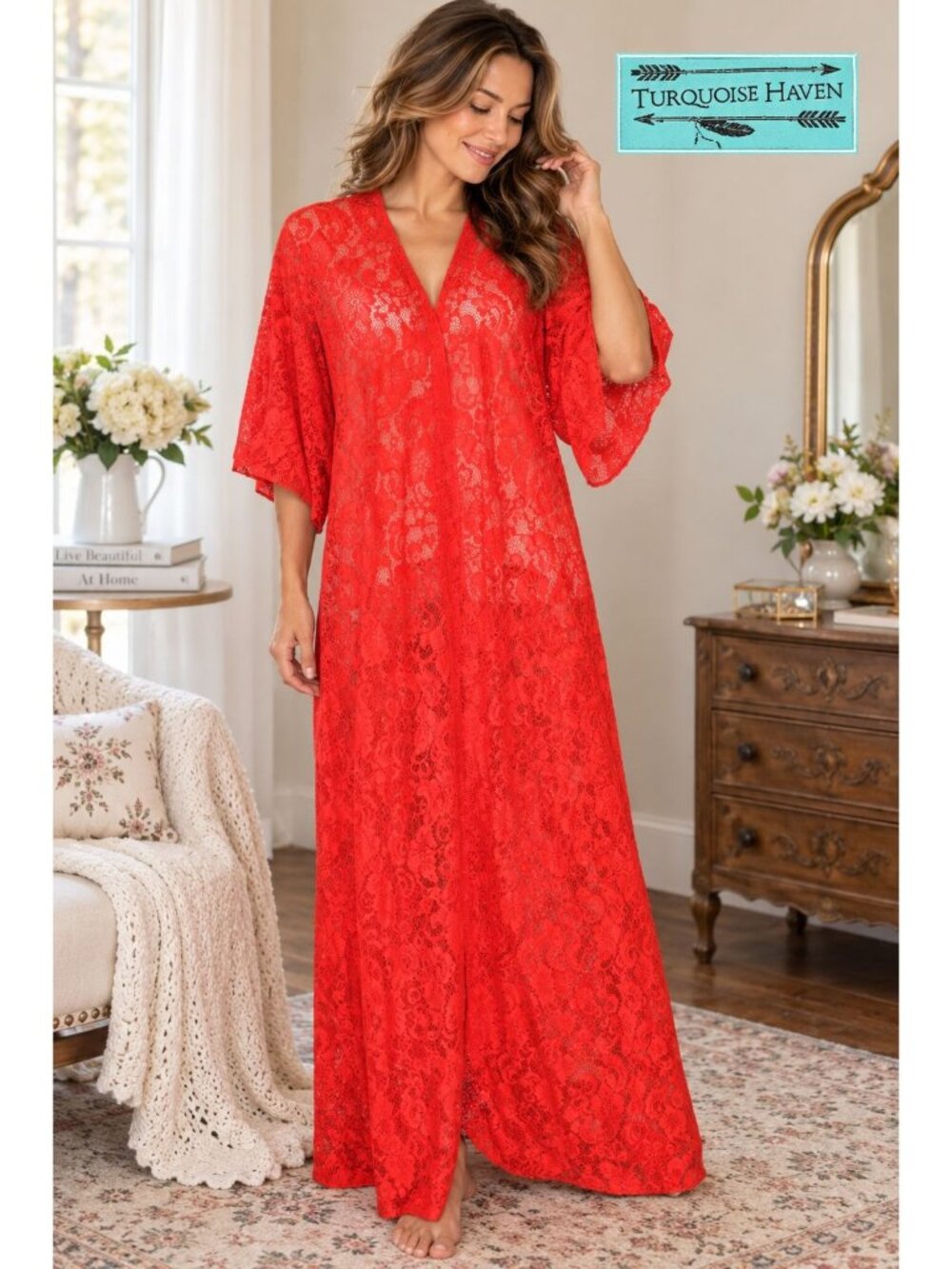 Turquoise Haven Red Lace Maxi Robe Duster Floral Kimono Boho Sheer Long